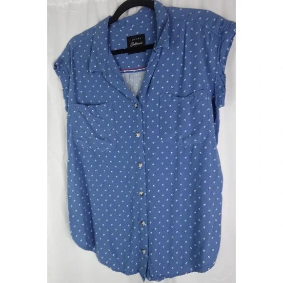 JACHS‎ Girlfriend Blue Shirt L Cottagecore Sleeveless Chambray Floral Blouse - Picture 3 of 6